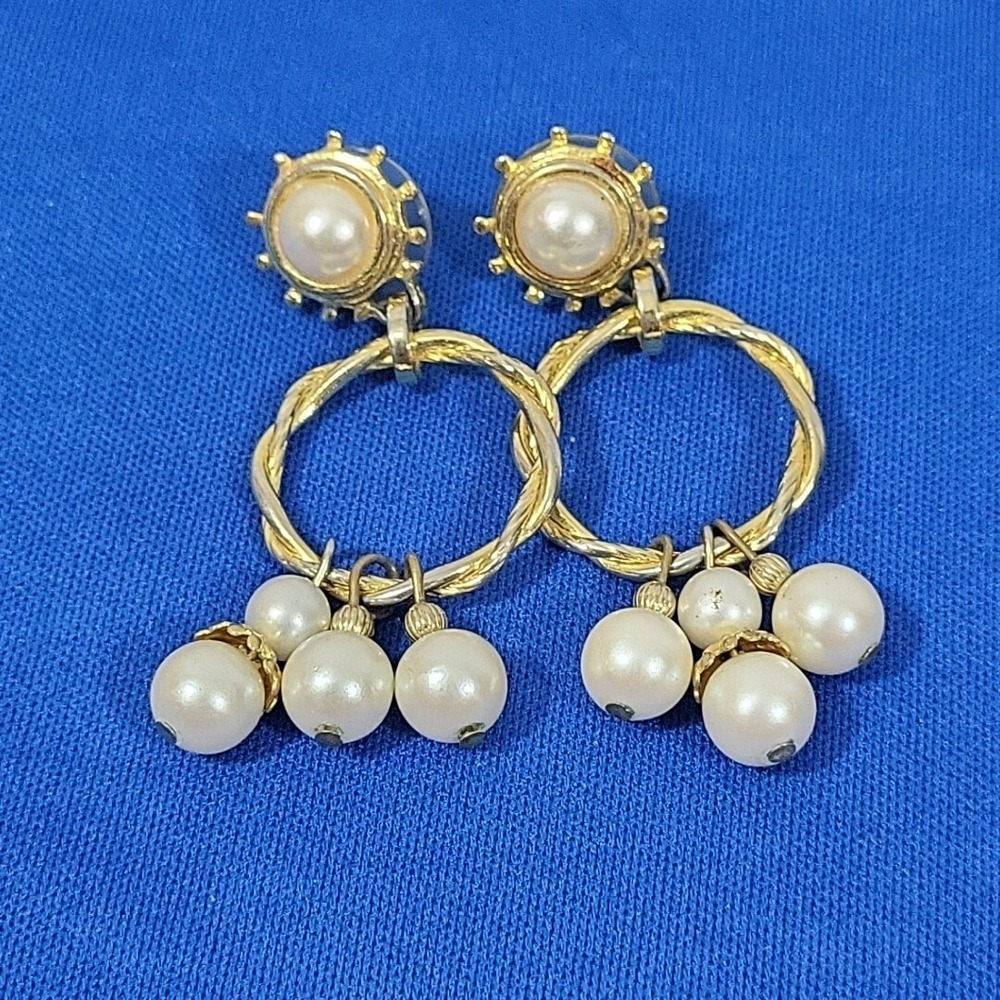 Vintage Earrings Twisted Faux Gold‎ Hoops With Drop Dangle Pearl-Like Beads